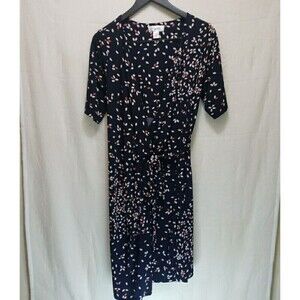 Motherhood Maternity Floral Faux Wrap Midi Dress Size L Navy Belt Tie 1/2 Sleeve
